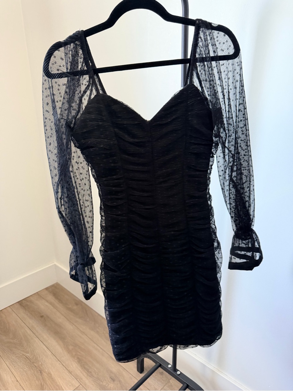Haute Monde Black Ruched Bodycon Mini Dress with Sheer Dot Sleeves